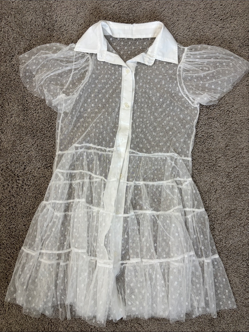 SHEIN White Swiss Dot Tiered Tulle Dress with Collar with Sheer Black top FREE